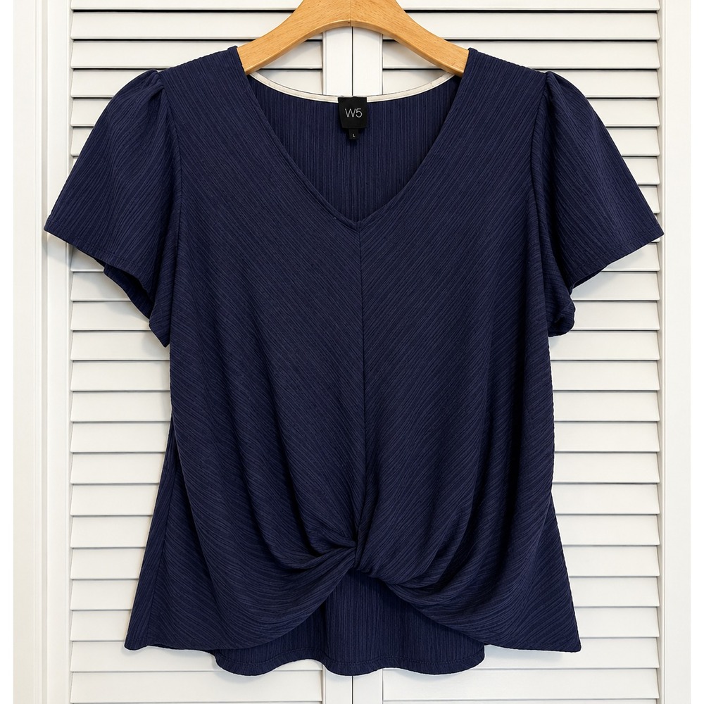W5 Women's L Shirt Top Blouse Boho Short Sleeve Blue Knot Front Peasant Feminine